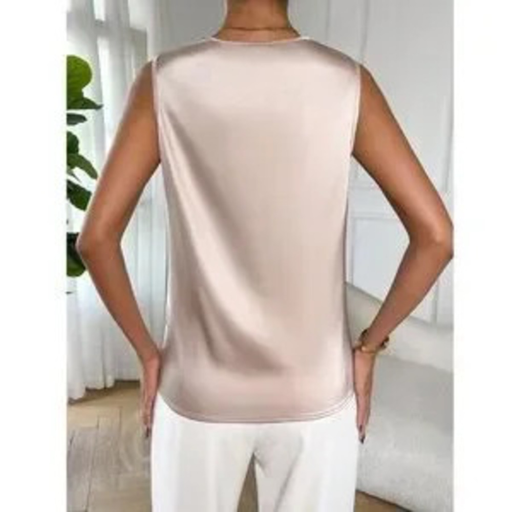 Satin Draped Cowl Neck Sleeveless Blouse Cream Beige - Picture 4 of 5